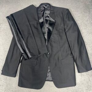 Versini 2 Pc Tuxedo Suit Men's XL 44 & 38x32 Black Satin Notch Wool Blazer Pants
